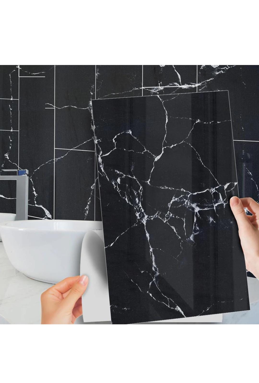 Set 10 x Placa autoadeziva pentru pardoseala sau perete tip marmura neagra, impermeabila, 30x60 cm