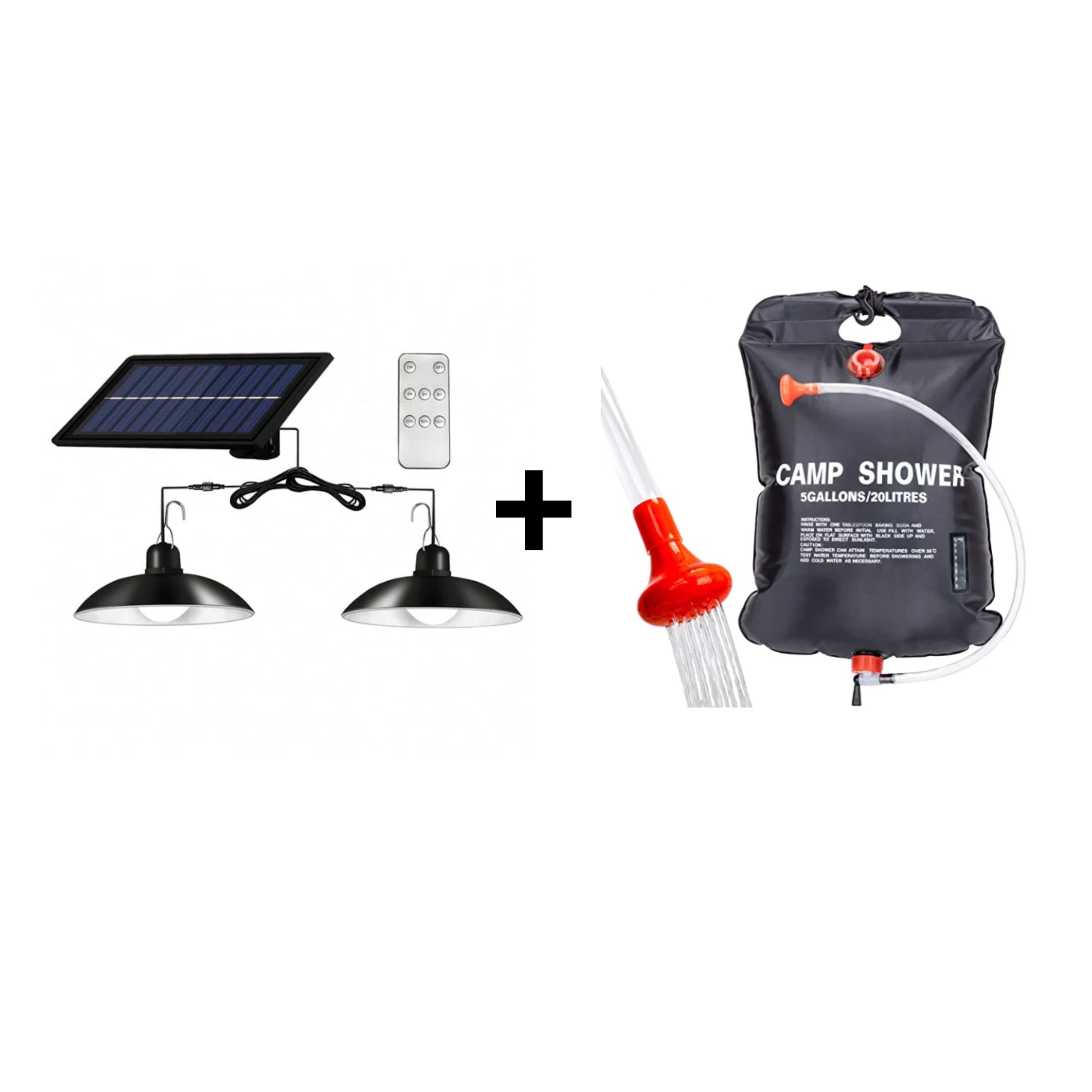 Set panou solar cu 2 becuri LED cu aplica, telecomanda, 50W + Dus solar camping, capacitate 20L
