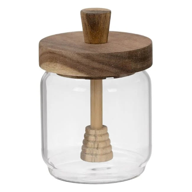 Borcan din sticla cu capac din lemn si lingura pentru miere