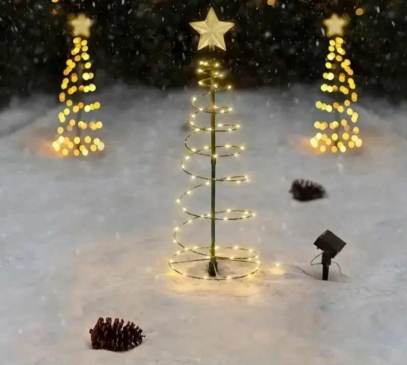 Decoratiune solara Brad spiralat cu stea, 85cm, alb cald