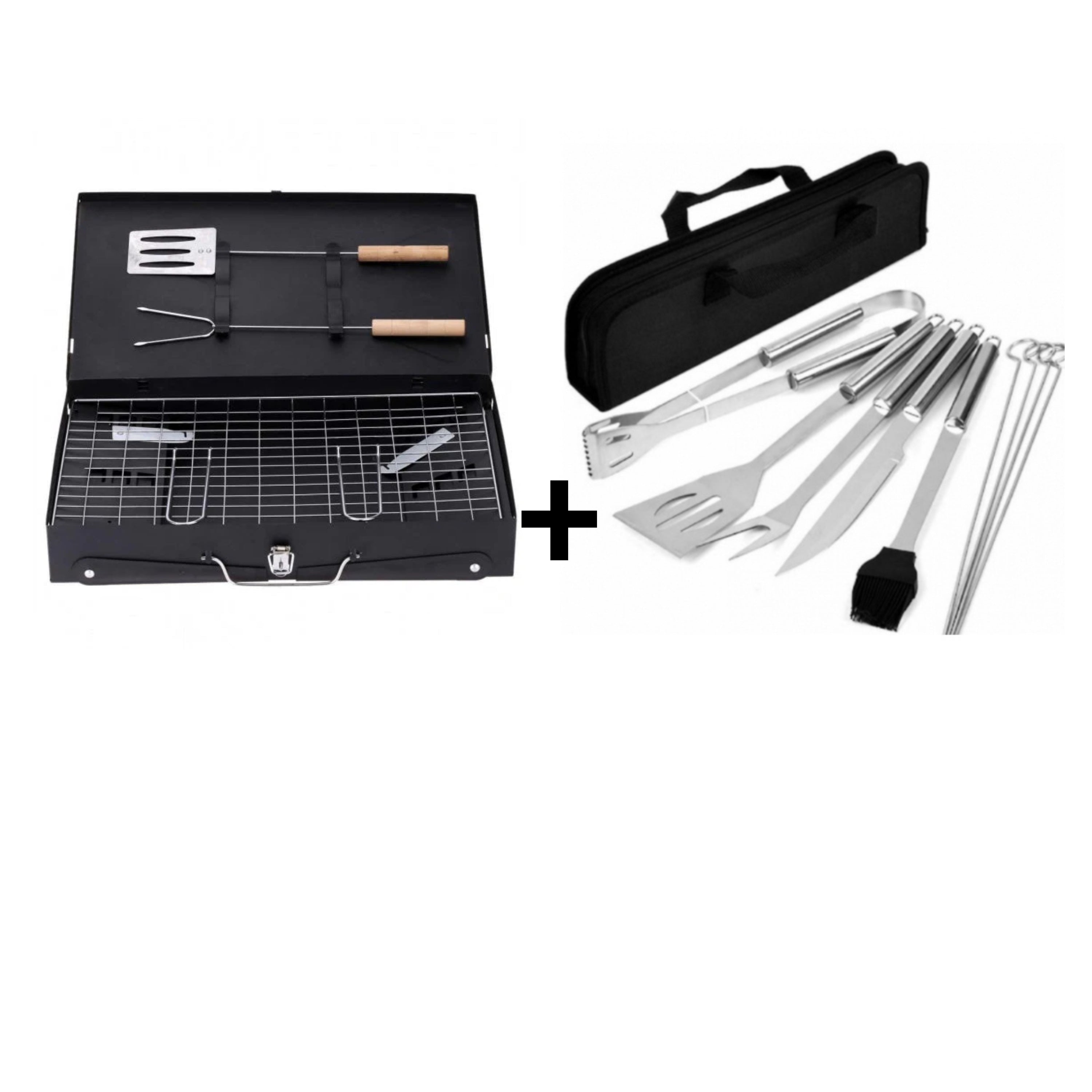 Gratar portabil pentru camping tip diplomat + Set 9 ustensile gratar cu geanta pentru depozitare