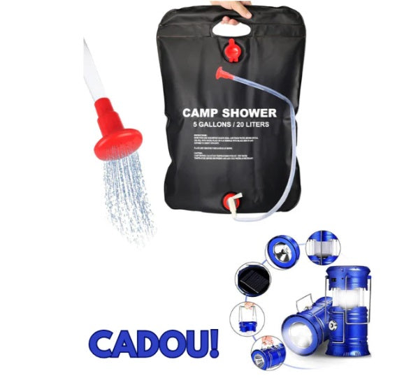 Dus solar pentru camping, PVC, reglabil, capacitate 20 litri + Lanterna tip felinar solar cu functie incarcare telefon CADOU