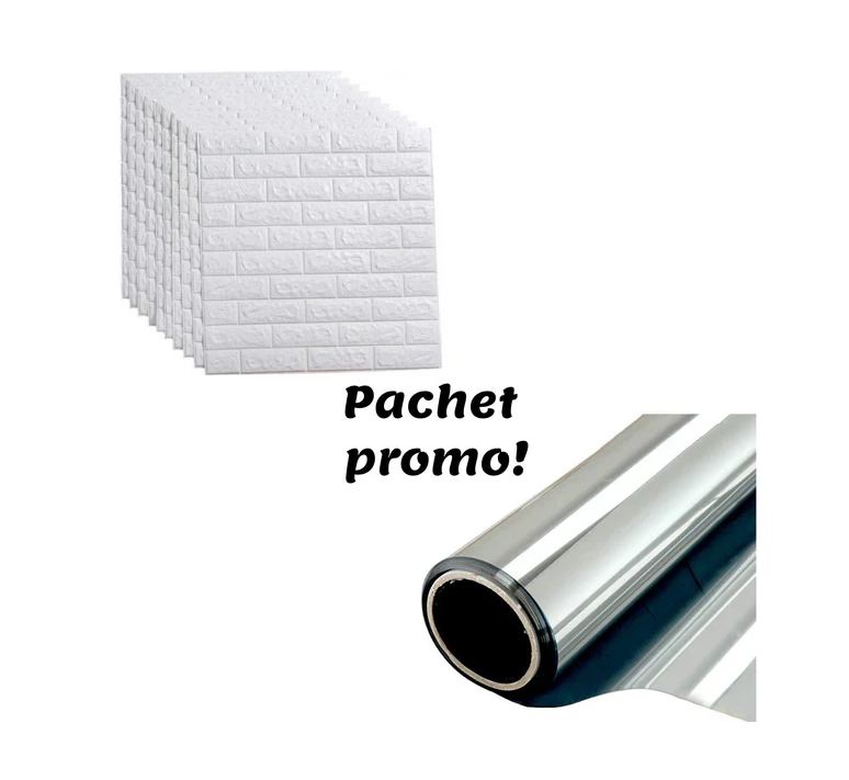 Set 10 x Placa de tapet adeziv caramizi albe 3D, 77x70 cm+Folie reflexiva pentru geamuri interioare, cu efect de oglinda, protectie solara UV
