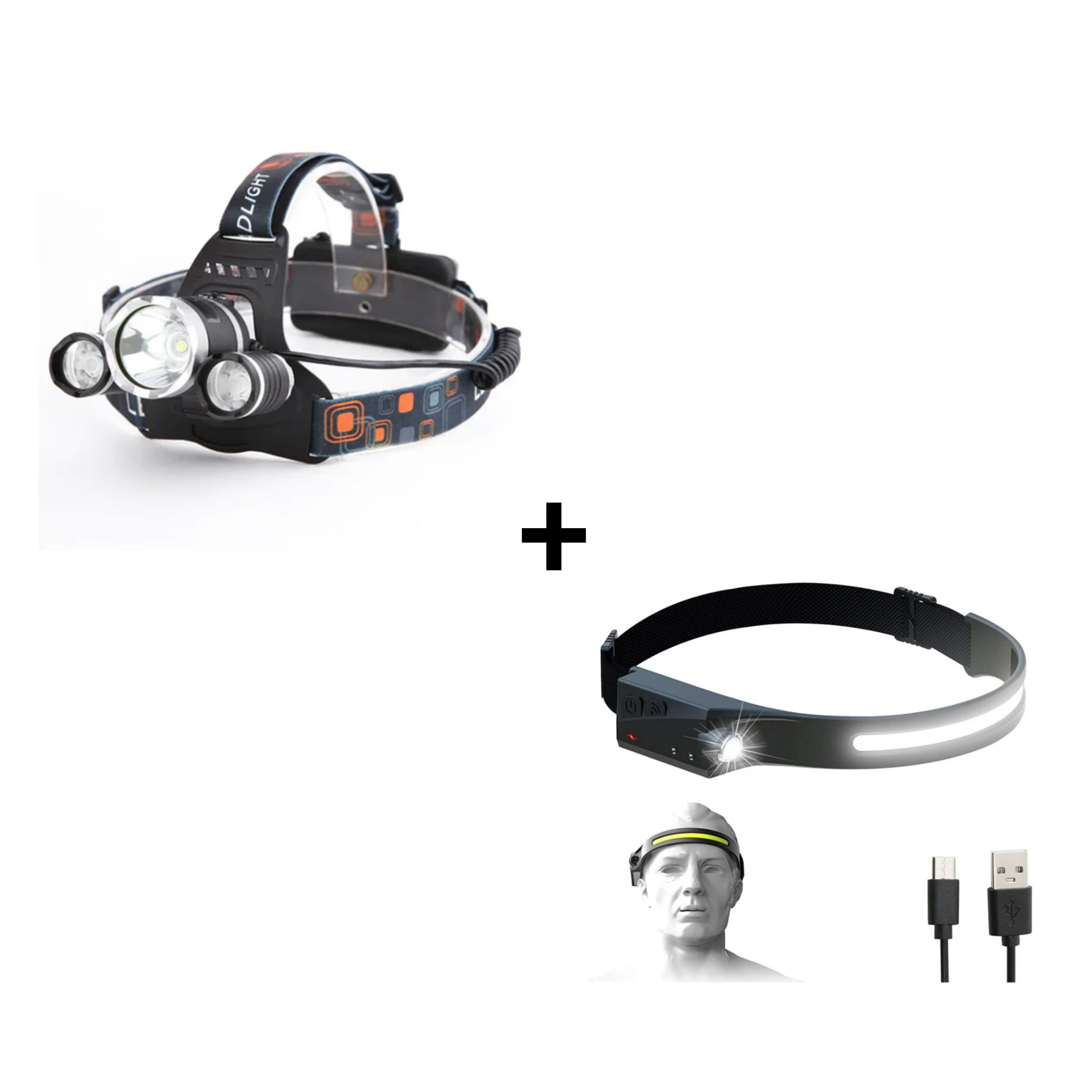 Lanterna de cap 3 x Led Cree XML, T6, frontala, cu lupa si 2 acumulatori + Lanterna de cap cu acumulator cu senzor de miscare