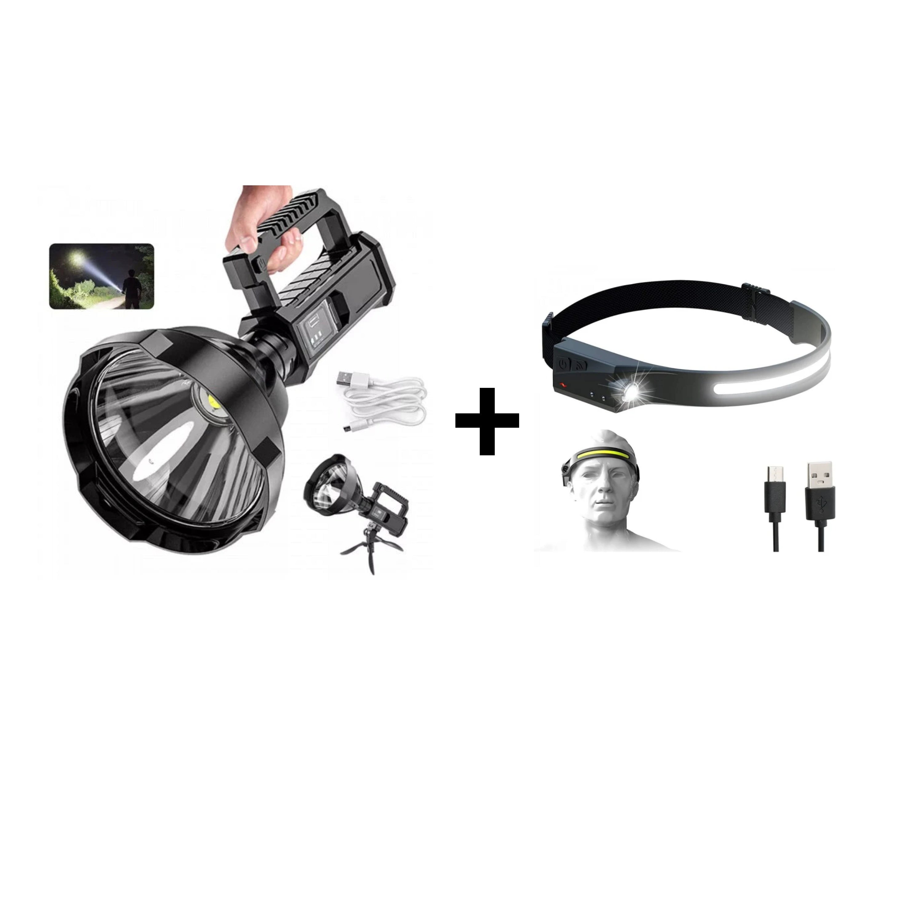 Lanterna puternica, 500 m, cu incarcare USB si trepied + Lanterna de cap cu acumulator cu senzor de miscare