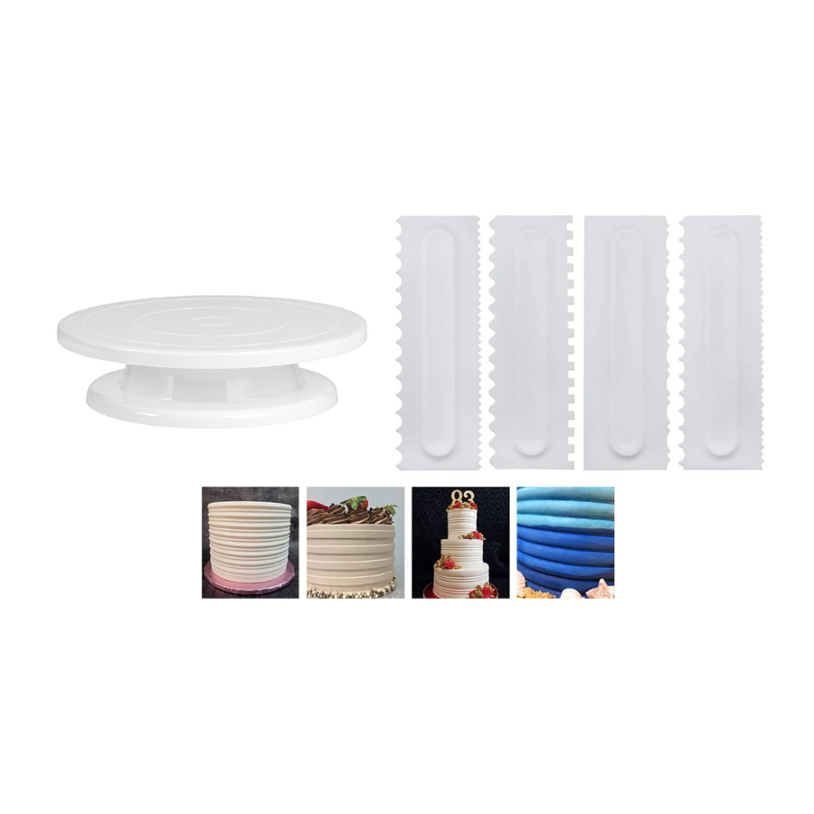 Platou rotativ decorare cu baza antiaderenta, 28 cm + CADOU Set 4 raclete decorare tort, 8 modele diferite