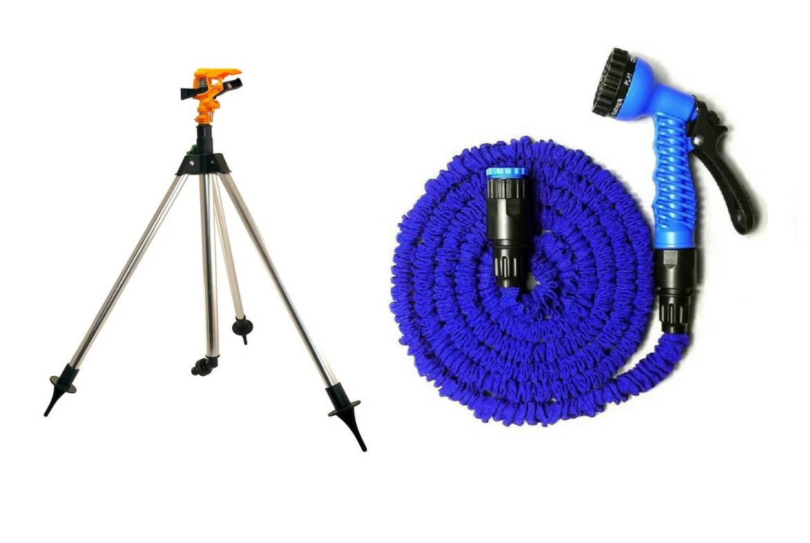 Aspersor pulsatoriu, plastic, cu trepied telescopic, 55-93 cm + Furtun extensibil 30m cu dispozitiv pulverizare