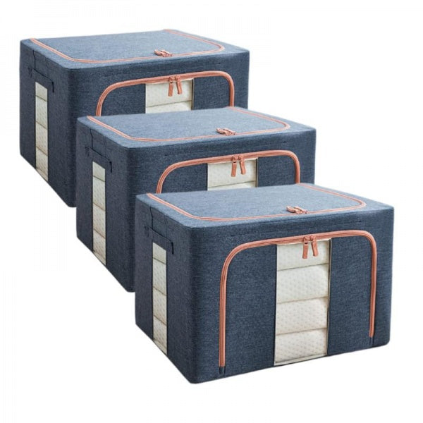 Set 3 x Cutie Pliabila cu Fermoar si Fereastra pentru Depozitare 24L + 66L + 100L, Albastru