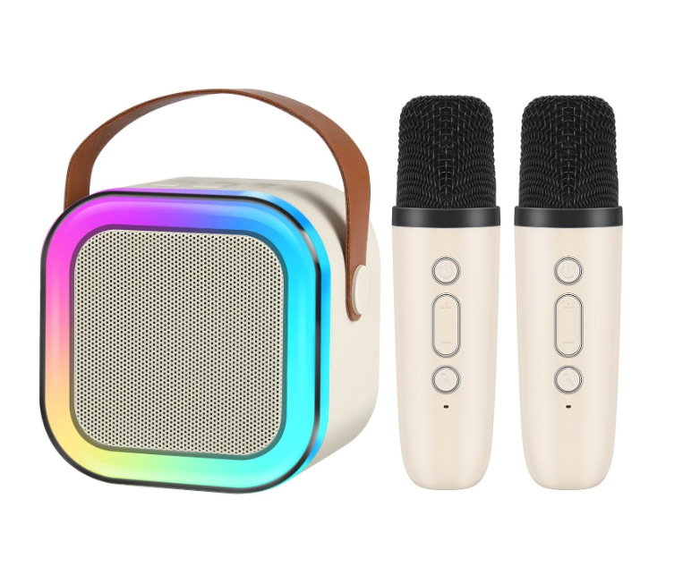 Set 2 Microfoane Karaoke cu boxa portabila, pentru copii, Culori RGB, wireless, bluetooth, efecte vocale, mp3