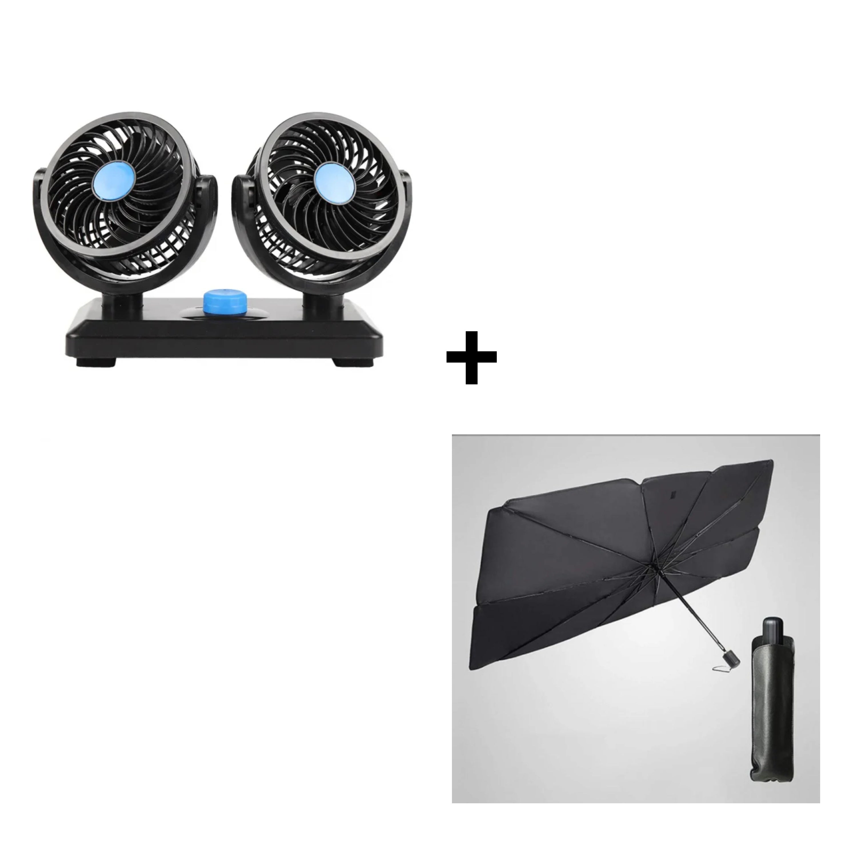 Pachet auto: Ventilator auto dublu, 10W + Parasolar tip umbrela