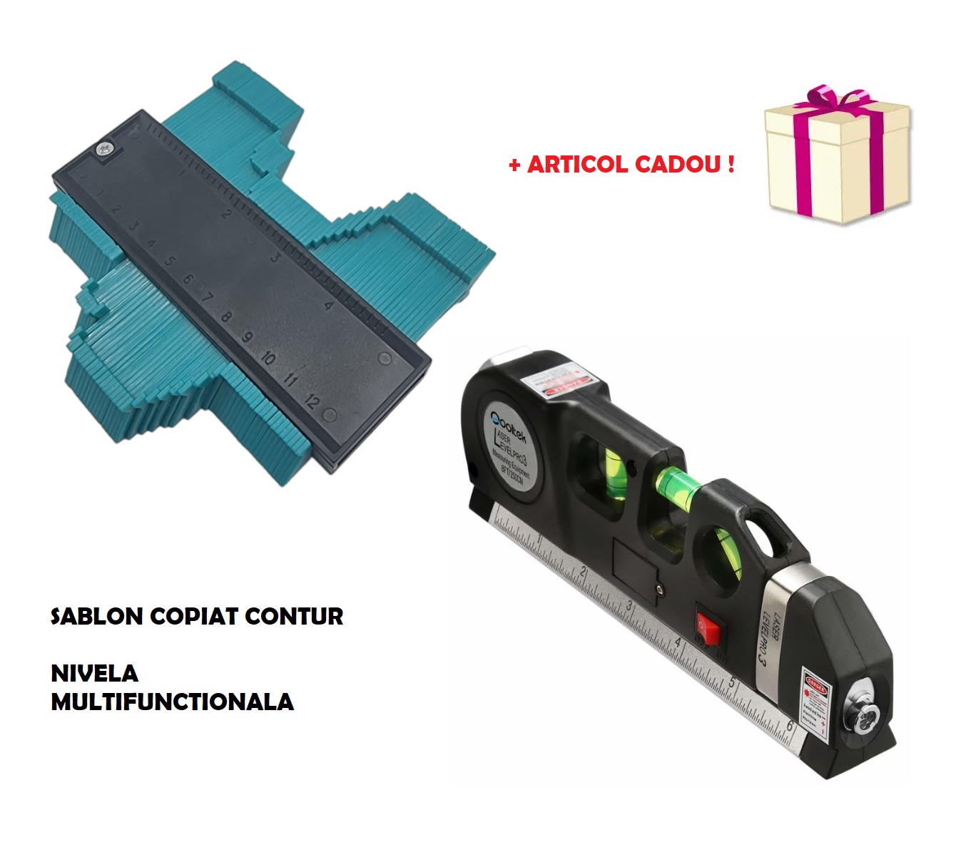 Sablon copiat contur + Nivela multifunctionala - laser, boloboc si ruleta + ARTICOL CADOU
