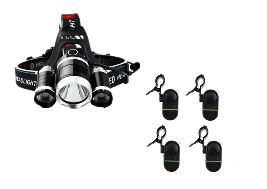 Set pentru pescari: Lanterna de cap reglabila cu triplu LED Puternic + Set 4 senzori cu prindere metalica, pe lanseta