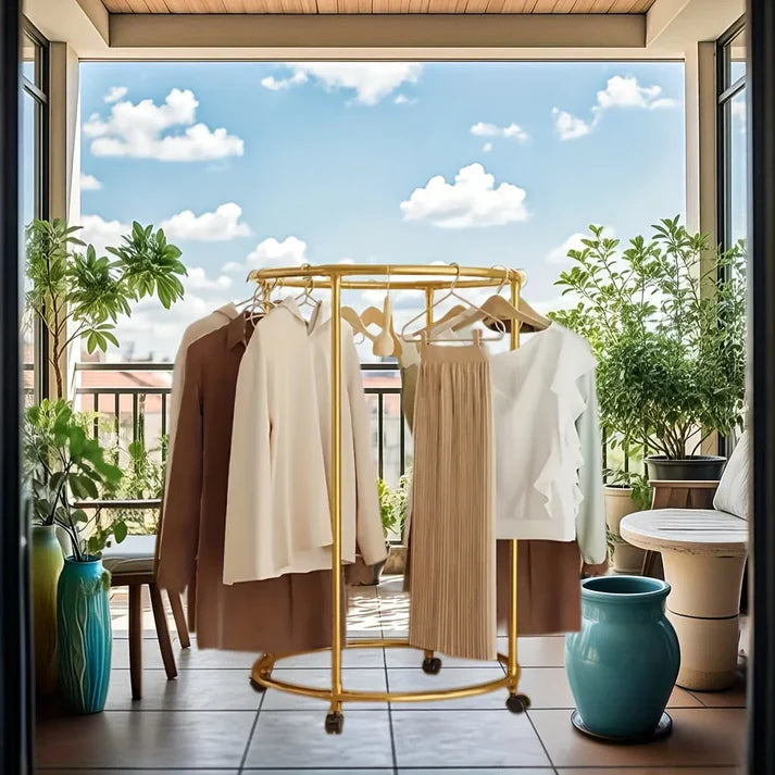 Suport rotund din oțel Inoxidabil pentru haine, cu roti, finisaj cromat, capacitate 40 kg