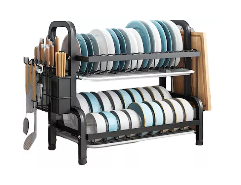 Suport de vase metalic, cu doua niveluri si suport tacamuri, Negru, 40 x 25 x 39 cm