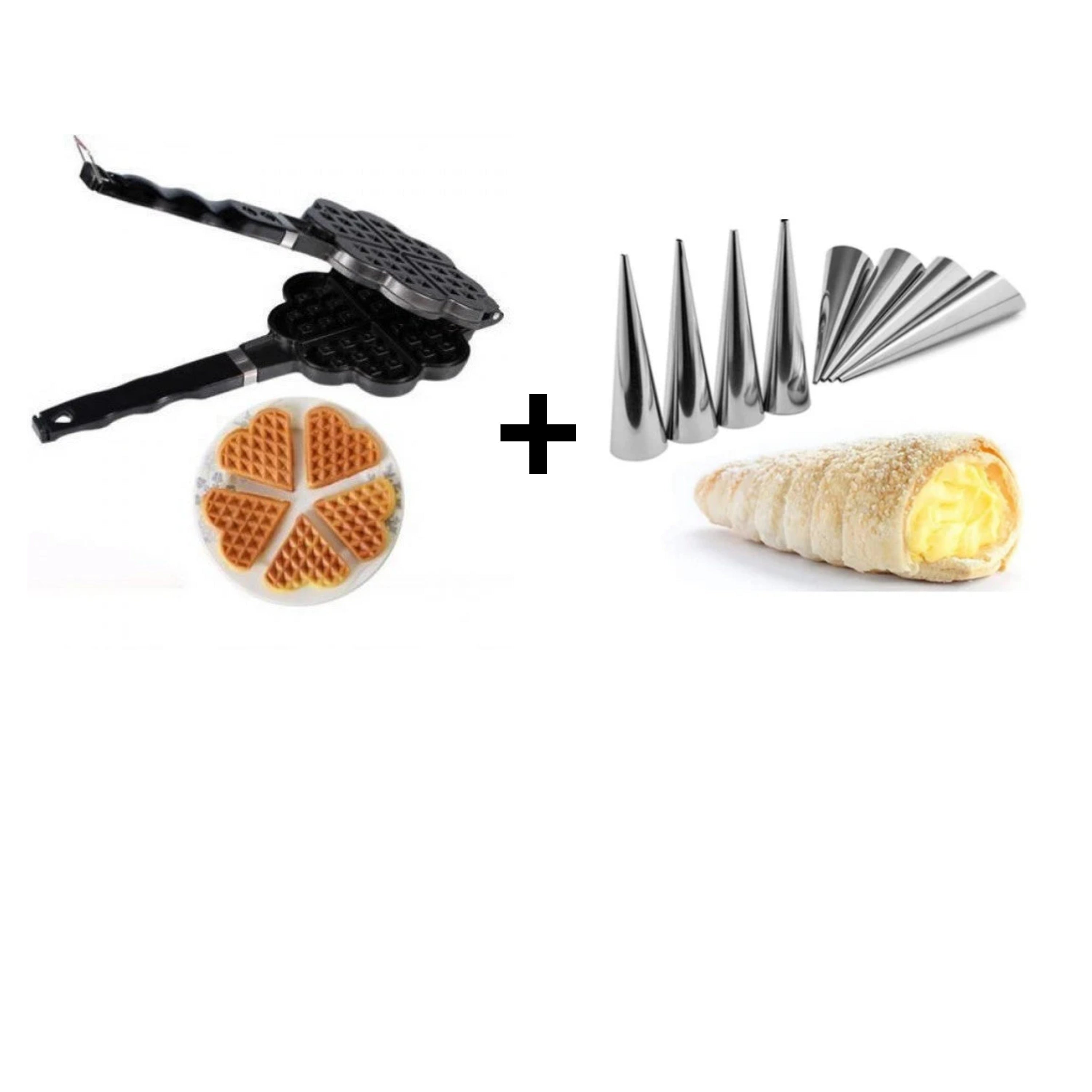 Aparat pentru preparat vafe sau gofre in forma de inima + Set 8 forme conice pentru rulouri